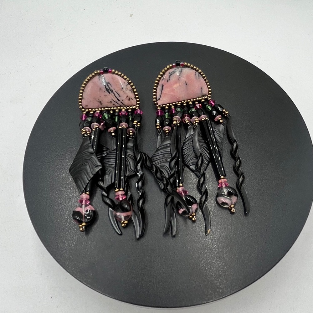 Pink Rhodonite Stone Cabochon Black Wavy Dangle Avante-garde Earrings